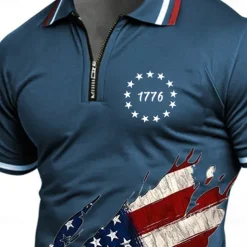 American Independence Day Men's American US Flag Zip Polo Shirts Short Sleeve Polo Shirts Collared Shirts Casual Athleisure Daily Wear 3D Print Summer Blue Green Gray