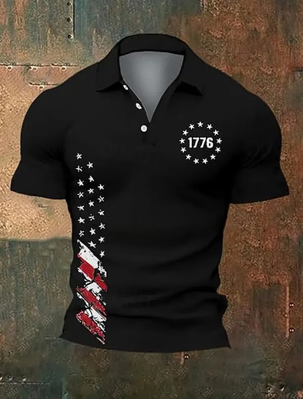 American Independence Day Men's American US Flag Polo Shirts Button Up Polos Golf Shirt Short Sleeve Polo Shirts Lapel Fashion Casual Daily Festival Print Summer Black White Navy Blue