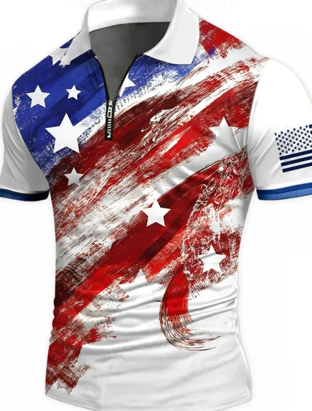 American Independence Day Men's American US Flag Zip Polo Shirts Short Sleeve Polo Shirts Collared Shirts Casual Athleisure Daily Wear 3D Print Summer White Red Blue