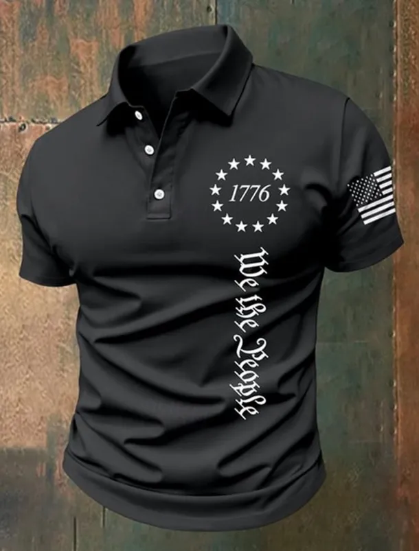 American Independence Day Men's American US Flag 1776 Polo Shirts Button Up Polos Golf Shirt Short Sleeve Polo Shirts Lapel Fashion Casual Daily Festival Print Summer Black White Gray