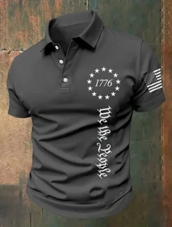 American Independence Day Men's American US Flag 1776 Polo Shirts Button Up Polos Golf Shirt Short Sleeve Polo Shirts Lapel Fashion Casual Daily Festival Print Summer Black White Gray