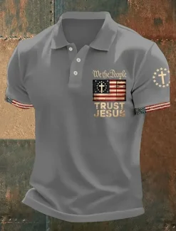 American Independence Day Men's American US Flag Polo Shirts Button Up Polos Golf Shirt Short Sleeve Polo Shirts Lapel Fashion Casual Daily Festival Print Summer Black White Red