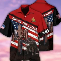 American Independence Day Men's Cross American Flag Soldier Shirt Button Up Shirt Short Sleeve Fashion Streetwear Designer Outdoor Street Daily Summer Spring Turndown Print Button-Down Red / White