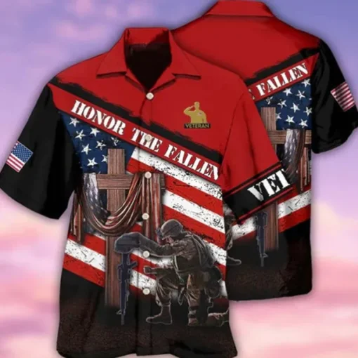 American Independence Day Men's Cross American Flag Soldier Shirt Button Up Shirt Short Sleeve Fashion Streetwear Designer Outdoor Street Daily Summer Spring Turndown Print Button-Down Red / White