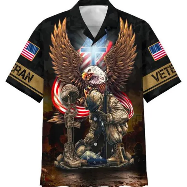 American Independence Day Men's Cross American Flag Soldier Shirt Button Up Shirt Short Sleeve Fashion Streetwear Designer Outdoor Street Daily Summer Spring Turndown Print Button-Down Red / White