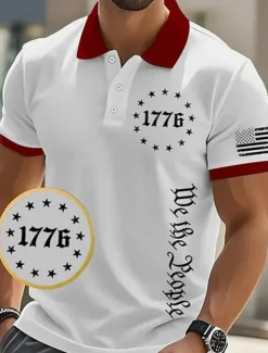 American Independence Day Men's 1776 National Flag Polo Shirts Button Up Polos Golf Shirt Short Sleeve Polo Shirts Lapel Fashion Casual Daily Festival Print Summer Black White