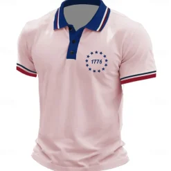 American Independence Day Men's American US Flag Polo Short Sleeve Polo Shirts Collared Shirts Casual Outdoor Daily Wear 3D Print Summer White Light Green Pink