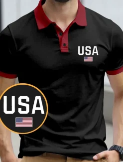 American Independence Day Men's American US Flag Polo Short Sleeve Polo Shirts Collared Shirts Casual Outdoor Athleisure 3D Print Summer Black Red Blue