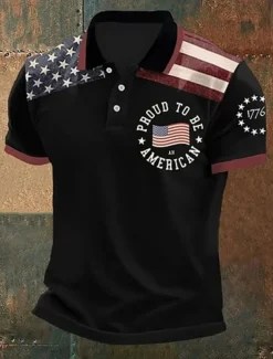 American Independence Day Men's American US Flag Polo Shirts Button Up Polos Golf Shirt Short Sleeve Polo Shirts Lapel Fashion Casual Daily Festival Print Summer Black White Navy Blue