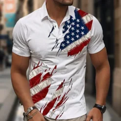 American Independence Day Men's American Flag Veterans Waffle Polo Shirts Golf Shirt Short Sleeve Polo Shirts Collared Shirts Casual Streetwear Vacation Wear Party Outfits Buttons 3D Print Summer