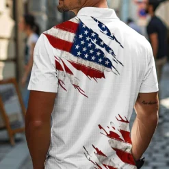 American Independence Day Men's American Flag Veterans Waffle Polo Shirts Golf Shirt Short Sleeve Polo Shirts Collared Shirts Casual Streetwear Vacation Wear Party Outfits Buttons 3D Print Summer