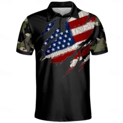 American Independence Day Men's American US Flag Polo Short Sleeve Polo Shirts Collared Shirts Casual Outdoor Daily Wear Festival Outfit Buttons 3D Print Summer Spring Fall Black Brown Army Green