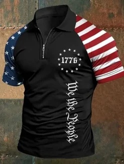 American Independence Day Men's American US Flag 1776 Polo Shirts Button Up Polos Quarter Zip Polo Short Sleeve Polo Shirts Lapel Fashion Casual Daily Festival Print Summer Black White