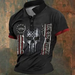 American Independence Day Men's American Flag Veterans Polo Shirts Golf Shirt Short Sleeve Polo Shirts Collared Shirts Streetwear Vacation Wear Party Outfits Buttons 3D Print Summer Spring Black