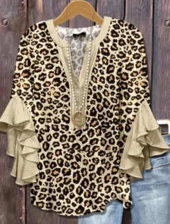 American Women's Blouse Graphic Leopard Bohemia Vintage Daily 3/4 Length Sleeve Flutter Sleeve V Neck Regular Tops Daily Holiday Vacation Wear Ruffle Print Yellow Light Green Pink