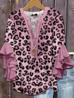 American Women's Blouse Graphic Leopard Bohemia Vintage Daily 3/4 Length Sleeve Flutter Sleeve V Neck Regular Tops Daily Holiday Vacation Wear Ruffle Print Yellow Light Green Pink