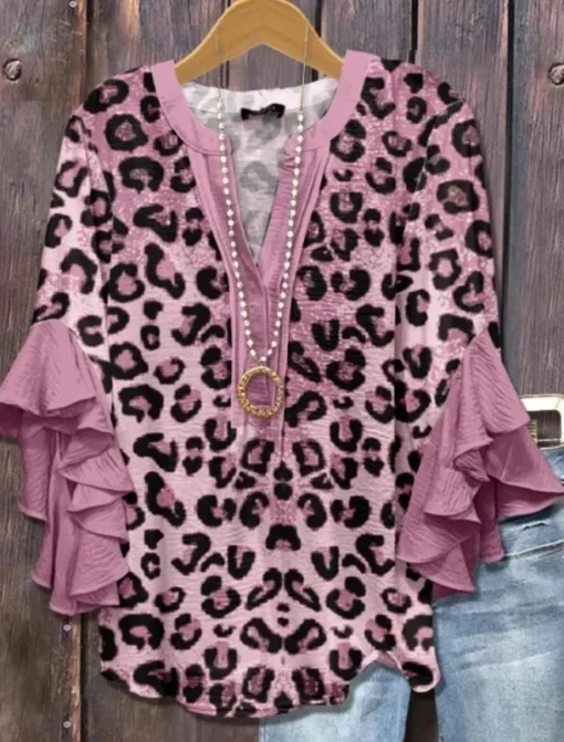 American Women's Blouse Graphic Leopard Bohemia Vintage Daily 3/4 Length Sleeve Flutter Sleeve V Neck Regular Tops Daily Holiday Vacation Wear Ruffle Print Yellow Light Green Pink