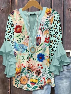 American Women's Blouse Graphic Leopard Bohemia Vintage Daily 3/4 Length Sleeve Flutter Sleeve V Neck Regular Tops Daily Holiday Vacation Wear Ruffle Print Yellow Light Green Pink