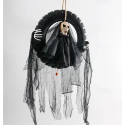Animated Halloween Wreath Decoration Prop for Front Door Talking and Moving Black Grim Reaper Haunted House Decor