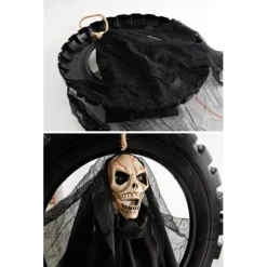 Animated Halloween Wreath Decoration Prop for Front Door Talking and Moving Black Grim Reaper Haunted House Decor