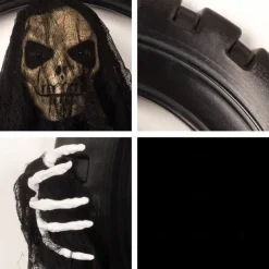Animated Halloween Wreath Decoration Prop for Front Door Talking and Moving Black Grim Reaper Haunted House Decor