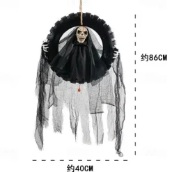 Animated Halloween Wreath Decoration Prop for Front Door Talking and Moving Black Grim Reaper Haunted House Decor