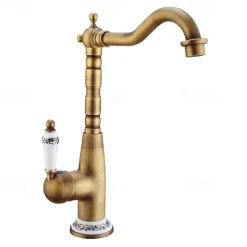 Antique Copper Kitchen Faucet,Golden/Black Single Handle One Hole Electroplated Standard Spout Centerset Antique Design Kitchen Taps with Hot and Cold Water Switch