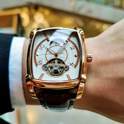 AOKULASIC Top Brand Men Watch Automatic Mechanical Mens Watches Tourbillon Fashion Waterproof Luxury Moon Tonneau orologio uomo