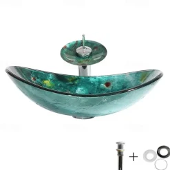 Art Tempered Glass Wash Basin with Chrome Faucet Finish,Rectangular Sink Shape Bathroom Faucet