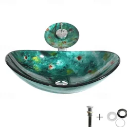 Art Tempered Glass Wash Basin with Chrome Faucet Finish,Rectangular Sink Shape Bathroom Faucet