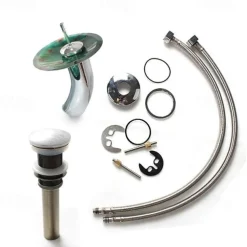 Art Tempered Glass Wash Basin with Chrome Faucet Finish,Rectangular Sink Shape Bathroom Faucet