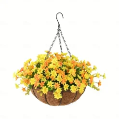 Artificial Hanging Flowers in Basket - Outdoor/Indoor Patio Lawn Garden Decor, Daisy Basket with 12-Inch Coconut Lining Chain Flowerpot