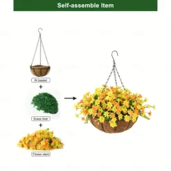 Artificial Hanging Flowers in Basket - Outdoor/Indoor Patio Lawn Garden Decor, Daisy Basket with 12-Inch Coconut Lining Chain Flowerpot