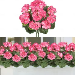 Artificial Red Geranium Silk Flowers Outdoor Plant Bush 2 Bundles Faux Flowers Geraniums for Outdoors Floral Home Decor Indoor Garden Patio Vase Grave Cemetary Table Centerpieces Decor