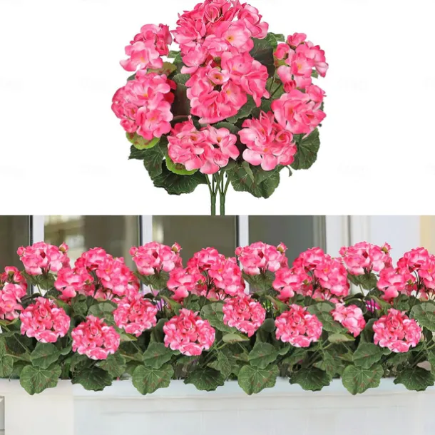 Artificial Red Geranium Silk Flowers Outdoor Plant Bush 2 Bundles Faux Flowers Geraniums for Outdoors Floral Home Decor Indoor Garden Patio Vase Grave Cemetary Table Centerpieces Decor