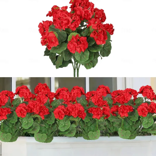 Artificial Red Geranium Silk Flowers Outdoor Plant Bush 2 Bundles Faux Flowers Geraniums for Outdoors Floral Home Decor Indoor Garden Patio Vase Grave Cemetary Table Centerpieces Decor