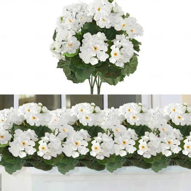 Artificial Red Geranium Silk Flowers Outdoor Plant Bush 2 Bundles Faux Flowers Geraniums for Outdoors Floral Home Decor Indoor Garden Patio Vase Grave Cemetary Table Centerpieces Decor