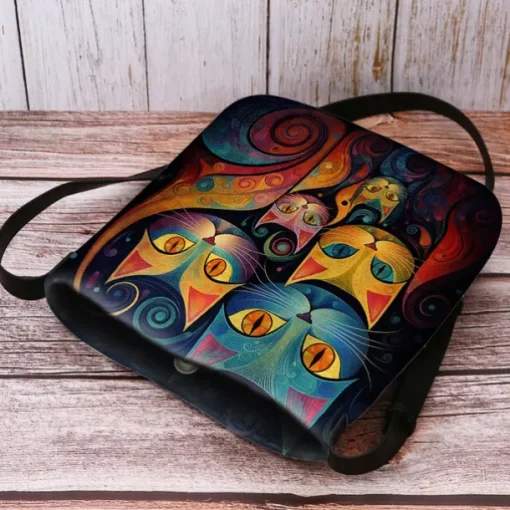 Artistic Cat Print Crossbody Bag – Vibrant Abstract Design Women's Shoulder Bag for Daily Use and Gifting