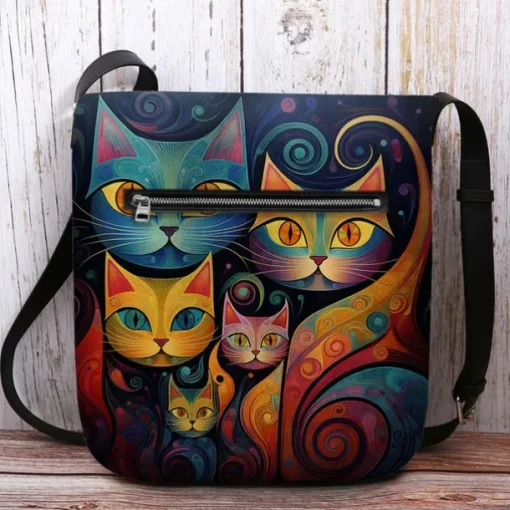 Artistic Cat Print Crossbody Bag – Vibrant Abstract Design Women's Shoulder Bag for Daily Use and Gifting