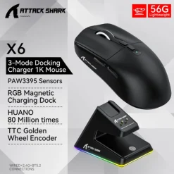 Attack Shark X6 bluetooth Mouse PixArt PAW3395 Tri-Mode Connection RGB Touch Magnetic Charging Base Macro Gaming Mouse