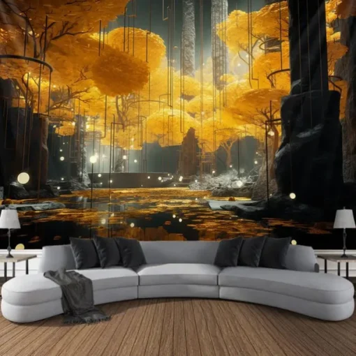 Autumn Forest Hanging Tapestry Trippy Wall Art Large Tapestry Mural Decor Photograph Backdrop Blanket Curtain Home Bedroom Living Room Decoration
