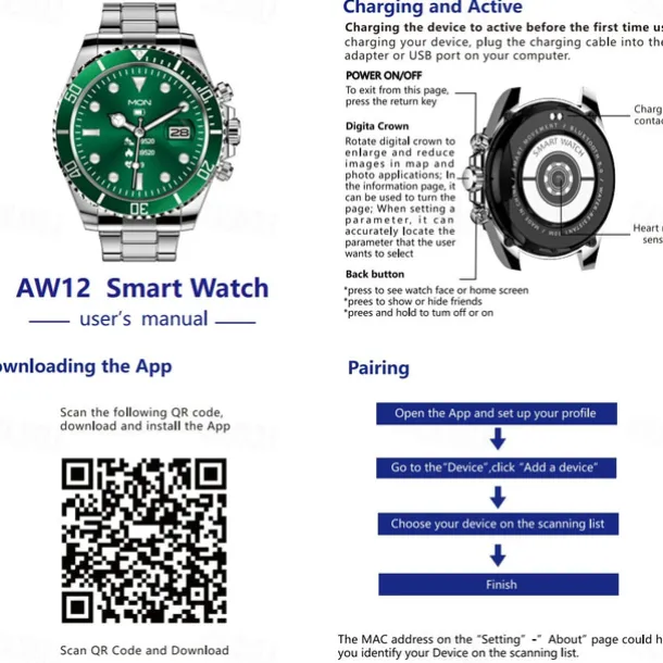 AW12/AW13 Pro Smart Watch with 1.28 Screen, Fitness Tracker, Call Monitor, Media Control, IP67 Waterproof for Android iOS