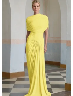 Baby Column Evening Gown Elegant Dress Formal Wedding Guest Floor Length Short Sleeve High Neck Spandex with Ruched Shawl