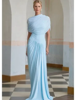 Baby Column Evening Gown Elegant Dress Formal Wedding Guest Floor Length Short Sleeve High Neck Spandex with Ruched Shawl