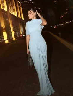 Baby Column Evening Gown Elegant Dress Formal Wedding Guest Floor Length Short Sleeve High Neck Spandex with Ruched Shawl