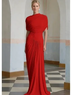 Baby Column Evening Gown Elegant Dress Formal Wedding Guest Floor Length Short Sleeve High Neck Spandex with Ruched Shawl
