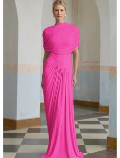 Baby Column Evening Gown Elegant Dress Formal Wedding Guest Floor Length Short Sleeve High Neck Spandex with Ruched Shawl