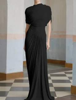 Baby Column Evening Gown Elegant Dress Formal Wedding Guest Floor Length Short Sleeve High Neck Spandex with Ruched Shawl