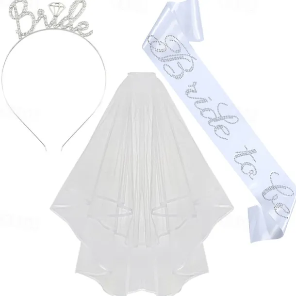 Bachelorette Party 3-Pc Set Bride to Be Tiara Headband, Wedding Veil with Shoulder Strap, Bridal Party Accessories for Bachelorette Party