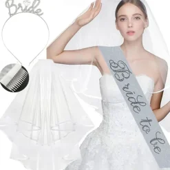 Bachelorette Party 3-Pc Set Bride to Be Tiara Headband, Wedding Veil with Shoulder Strap, Bridal Party Accessories for Bachelorette Party